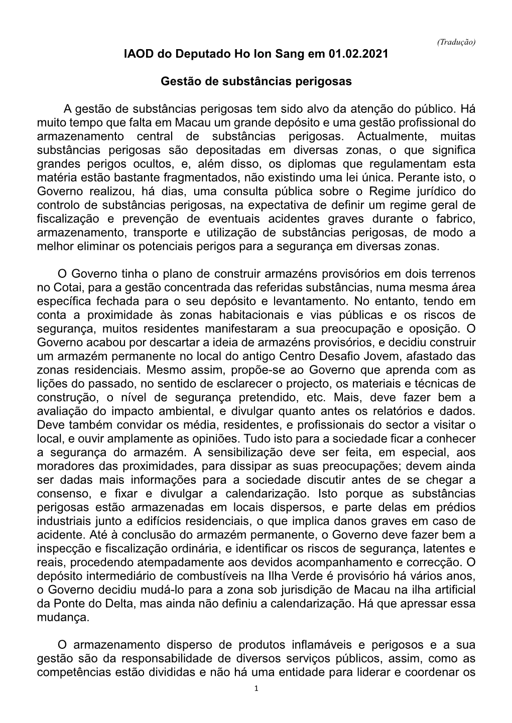 IAOD Do Deputado Ho Ion Sang Em 01.02.2021 Gestão De Substâncias