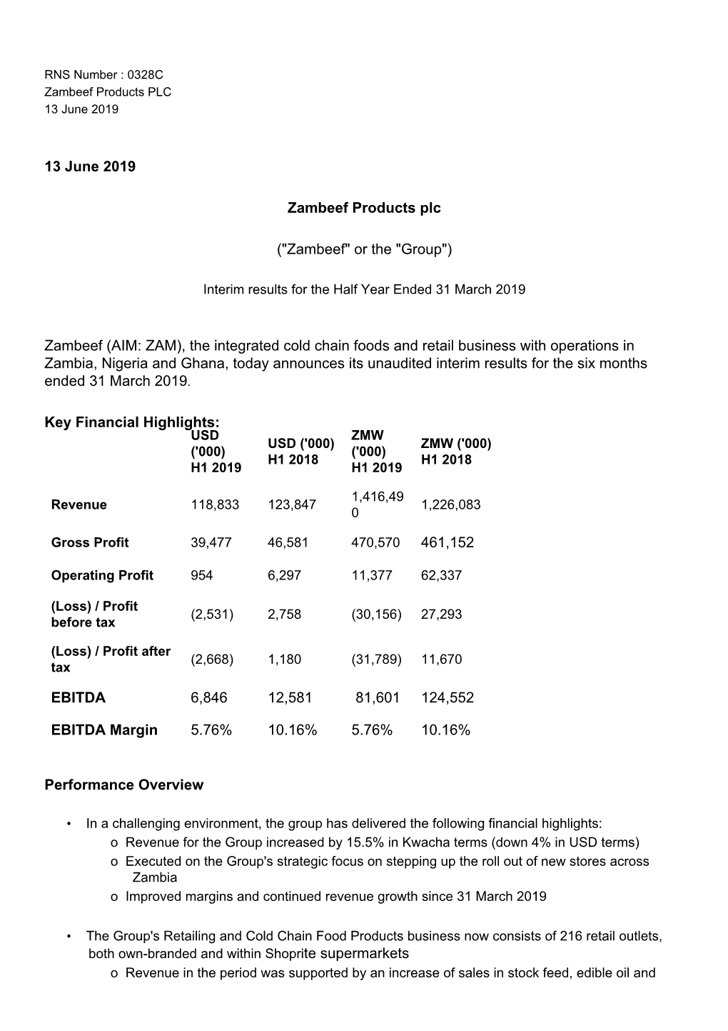 Zambeef Products PLC 13 June 2019