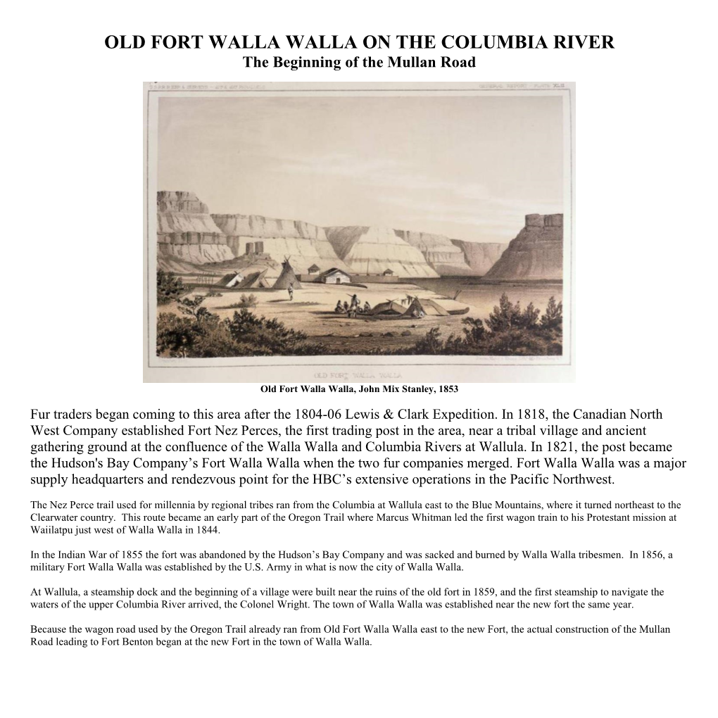 OLD FORT WALLA WALLA on the COLUMBIA RIVER the Beginning of the Mullan Road