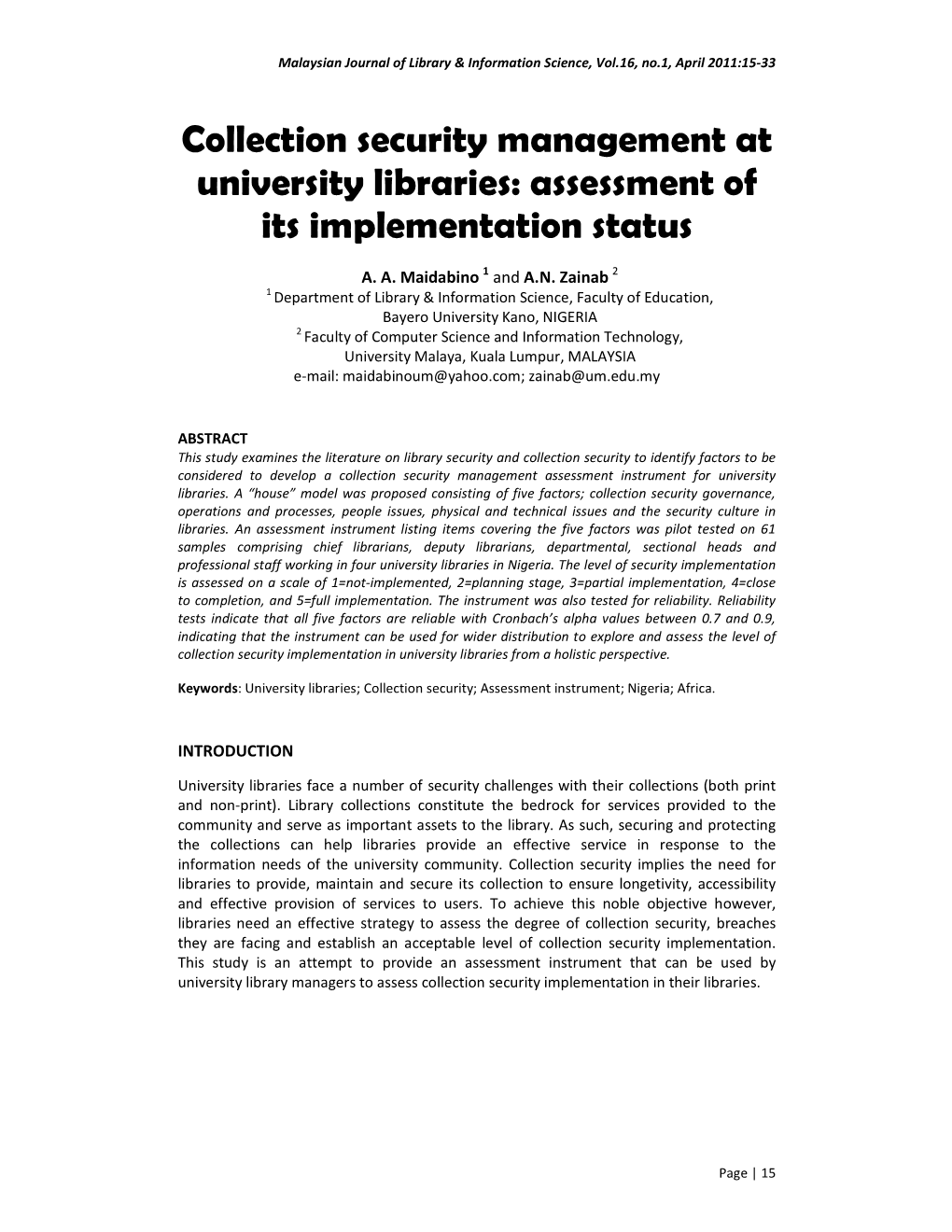 Collection Security Management at University Libraries: Assessment of Its Implementation Status