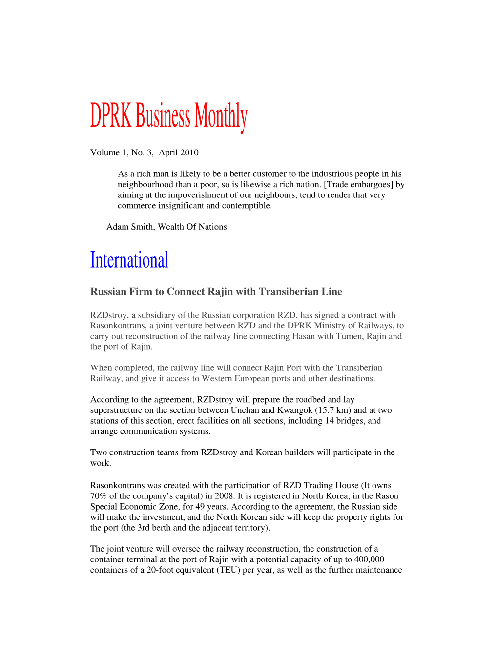 DPRK Business Monthly Volume 1, No