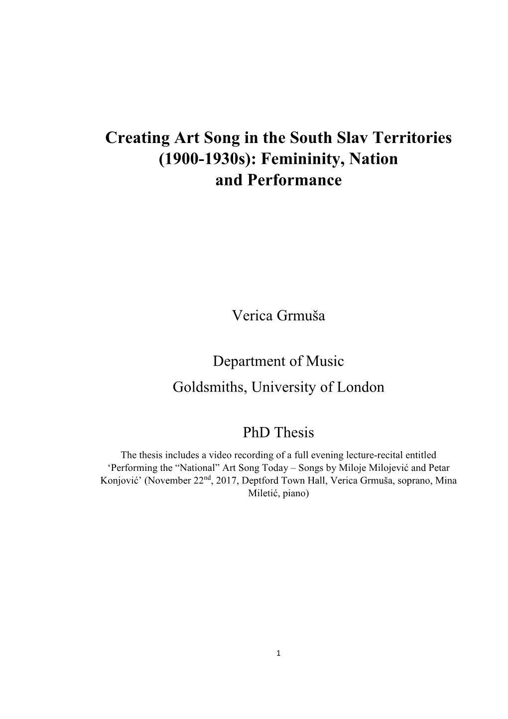 Art Song in the South Slav Territories (1900-1930S): Femininity, Nation and Performance