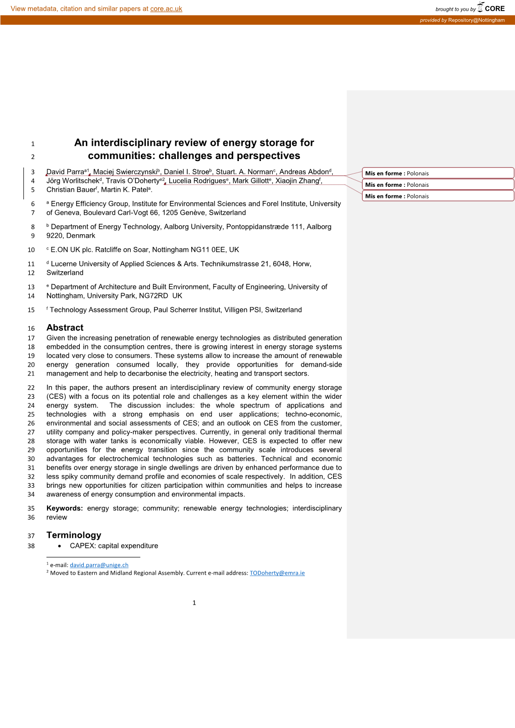 An Interdisciplinary Review of Energy Storage for Communities