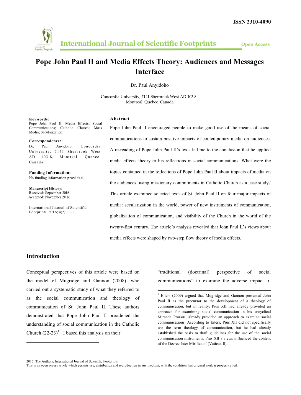 Pope John Paul II and Media Effects Theory: Audiences and Messages Interface