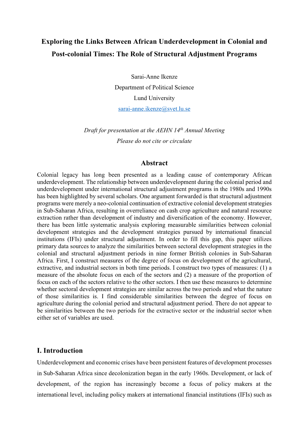 Exploring the Links Between African Underdevelopment in Colonial and Post-Colonial Times: the Role of Structural Adjustment Programs