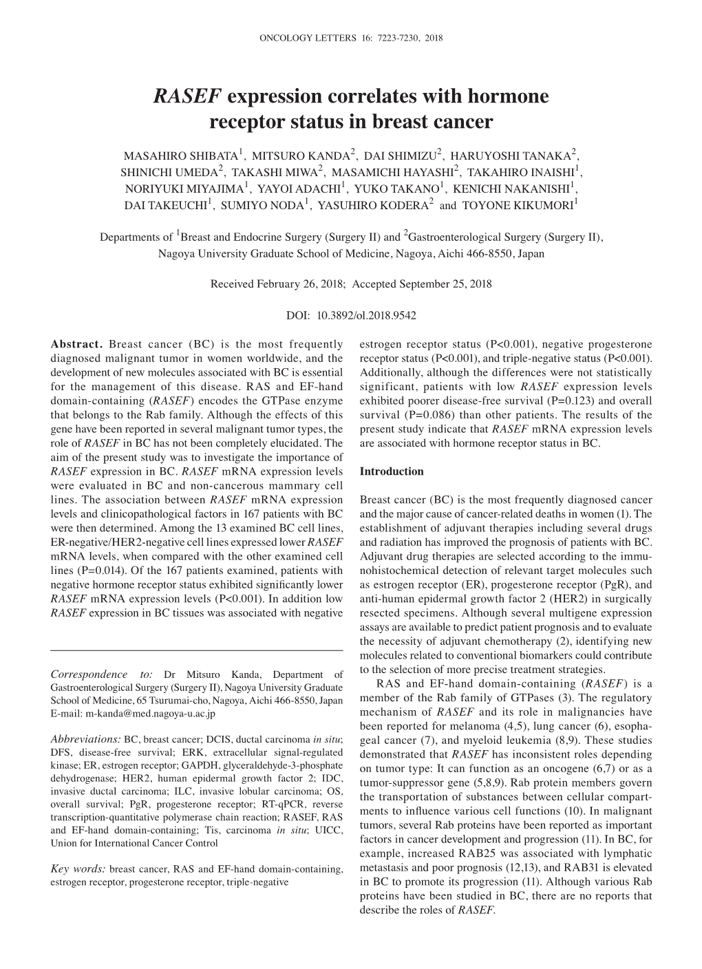 RASEF Expression Correlates with Hormone Receptor Status in Breast Cancer