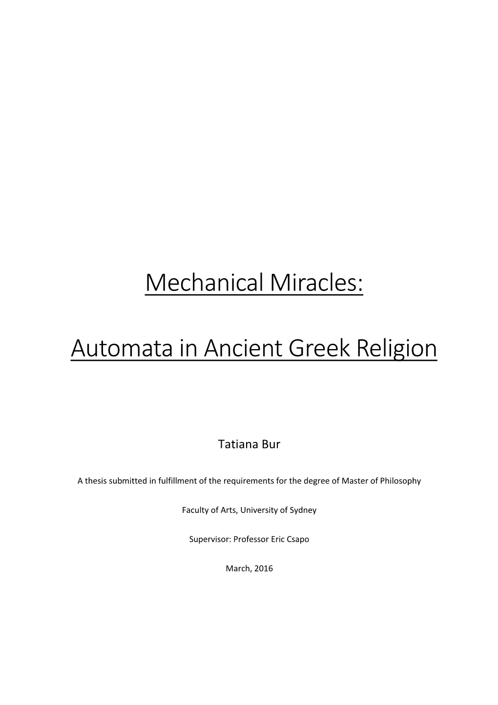 Mechanical Miracles: Automata in Ancient Greek Religion