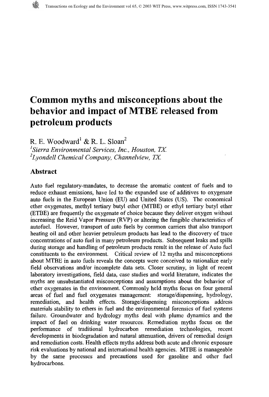 Common Myths and Misconceptions About the Behavior and Impact of MTBE Released from Petroleum Products