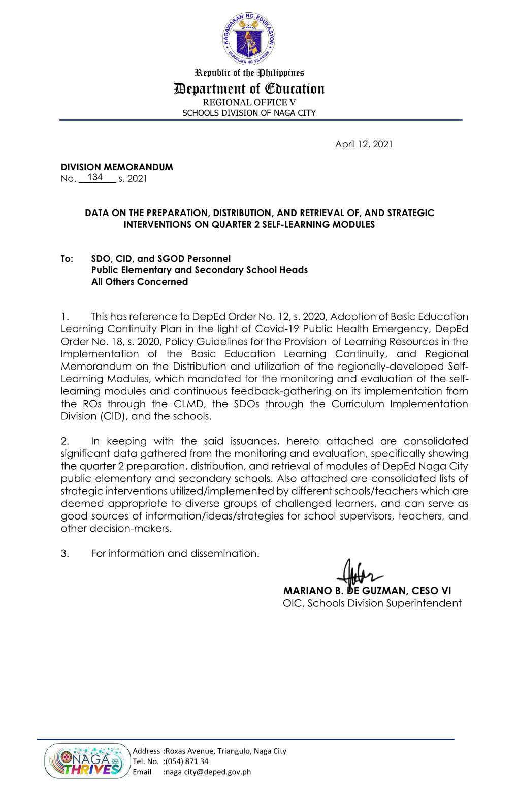 Department of Education REGIONAL OFFICE V SCHOOLS DIVISION of NAGA CITY