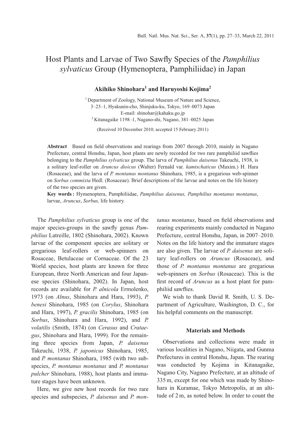 Host Plants and Larvae of Two Sawfly Species of the Pamphilius