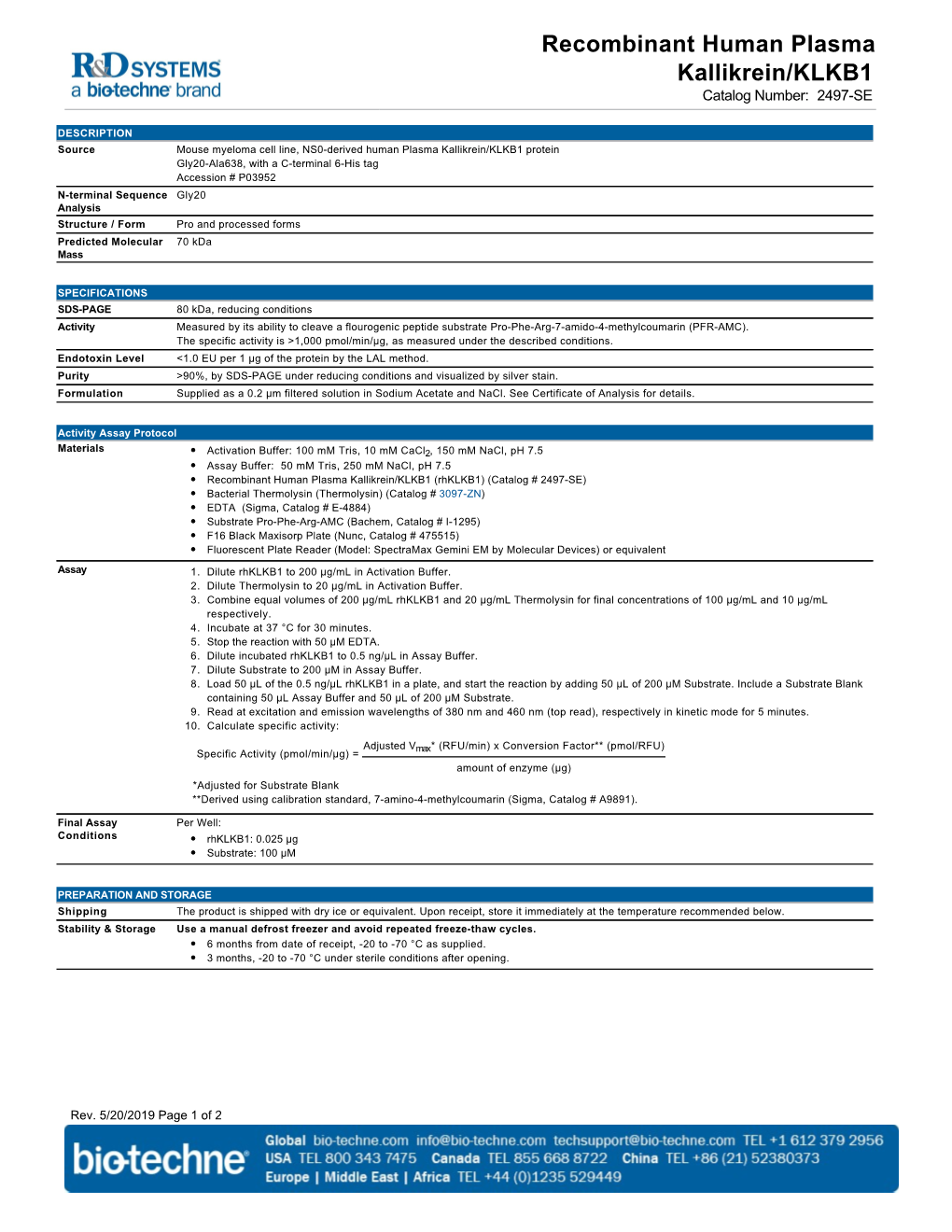 Recombinant Human Plasma Kallikrein/KLKB1 Catalog Number: 2497-SE