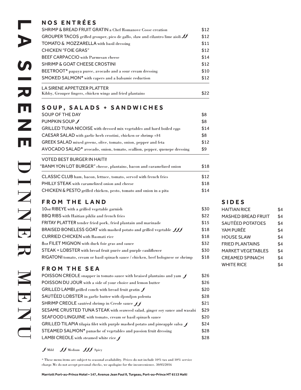 La Sirene Dinner Menu