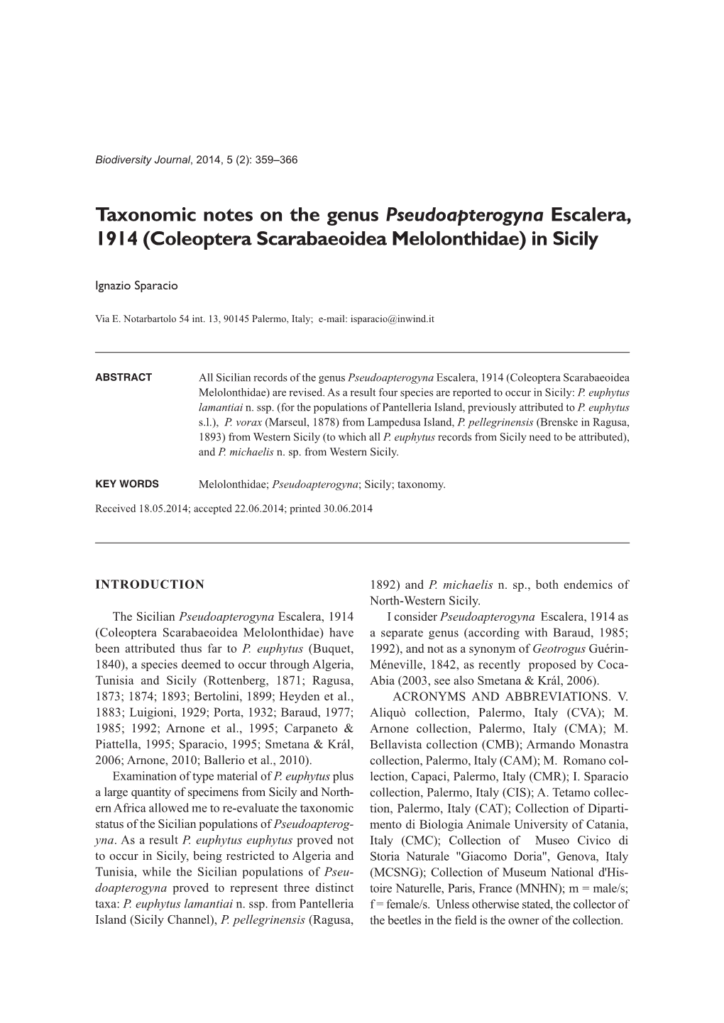 Taxonomic Notes on the Genus Pseudoapterogyna Escalera, 1914 (Coleoptera Scarabaeoidea Melolonthidae) in Sicily