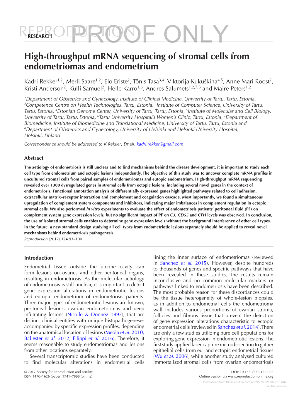 High-Throughput Mrna Sequencing of Stromal Cells from Endometriomas and Endometrium