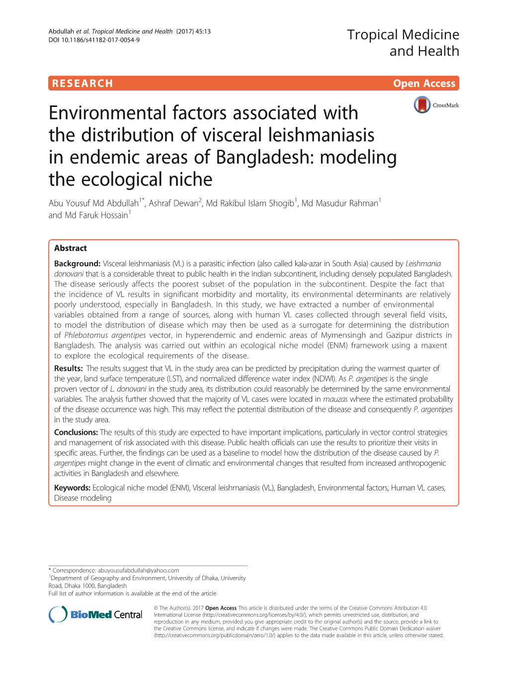 Environmental Factors Associated with the Distribution of Visceral Leishmaniasis in Endemic Areas of Bangladesh