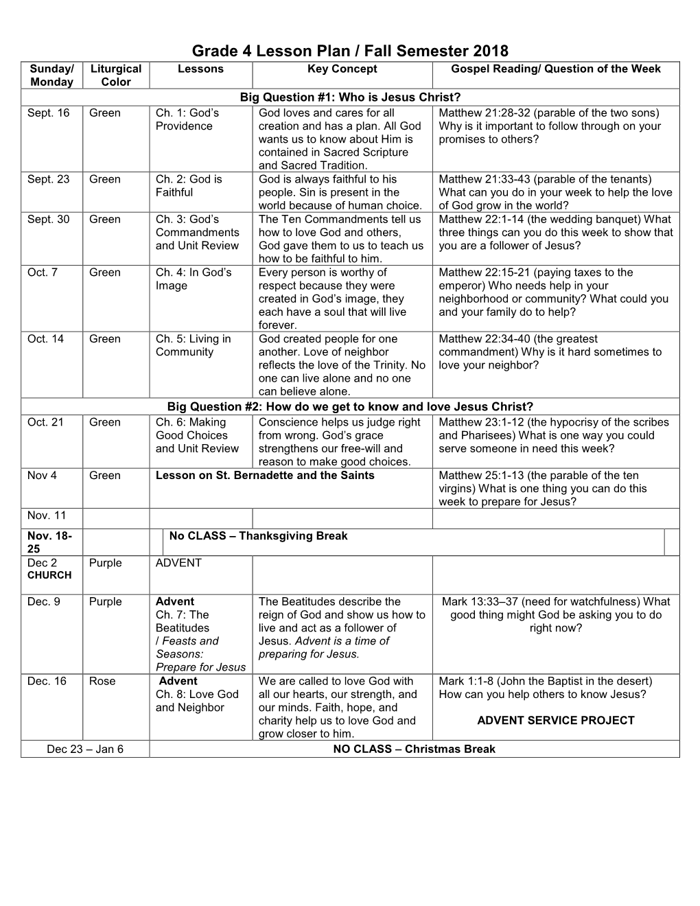 Grade 4 Lesson Plan / Fall Semester 2018