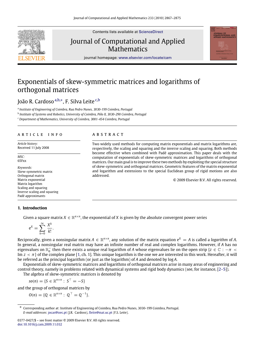 Journal of Computational and Applied Mathematics Exponentials of Skew