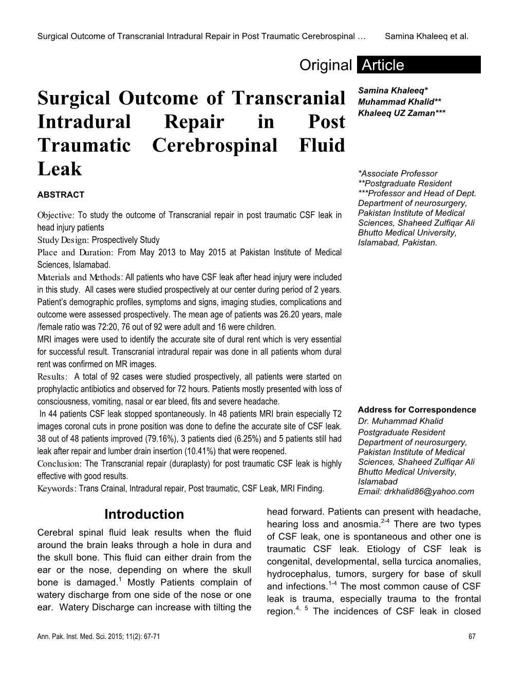 Surgical Outcome of Transcranial Intradural Repair in Post Traumatic Cerebrospinal Fluid Leak