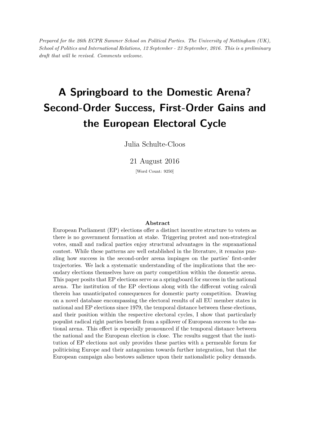 Second-Order Success, First-Order Gains and the European Electoral Cycle