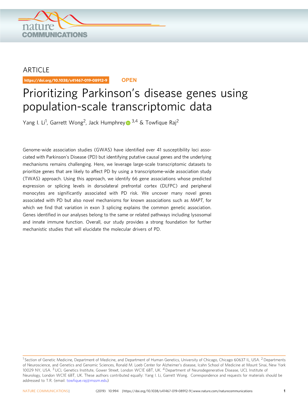 Prioritizing Parkinsonâ€™S Disease Genes Using Population-Scale