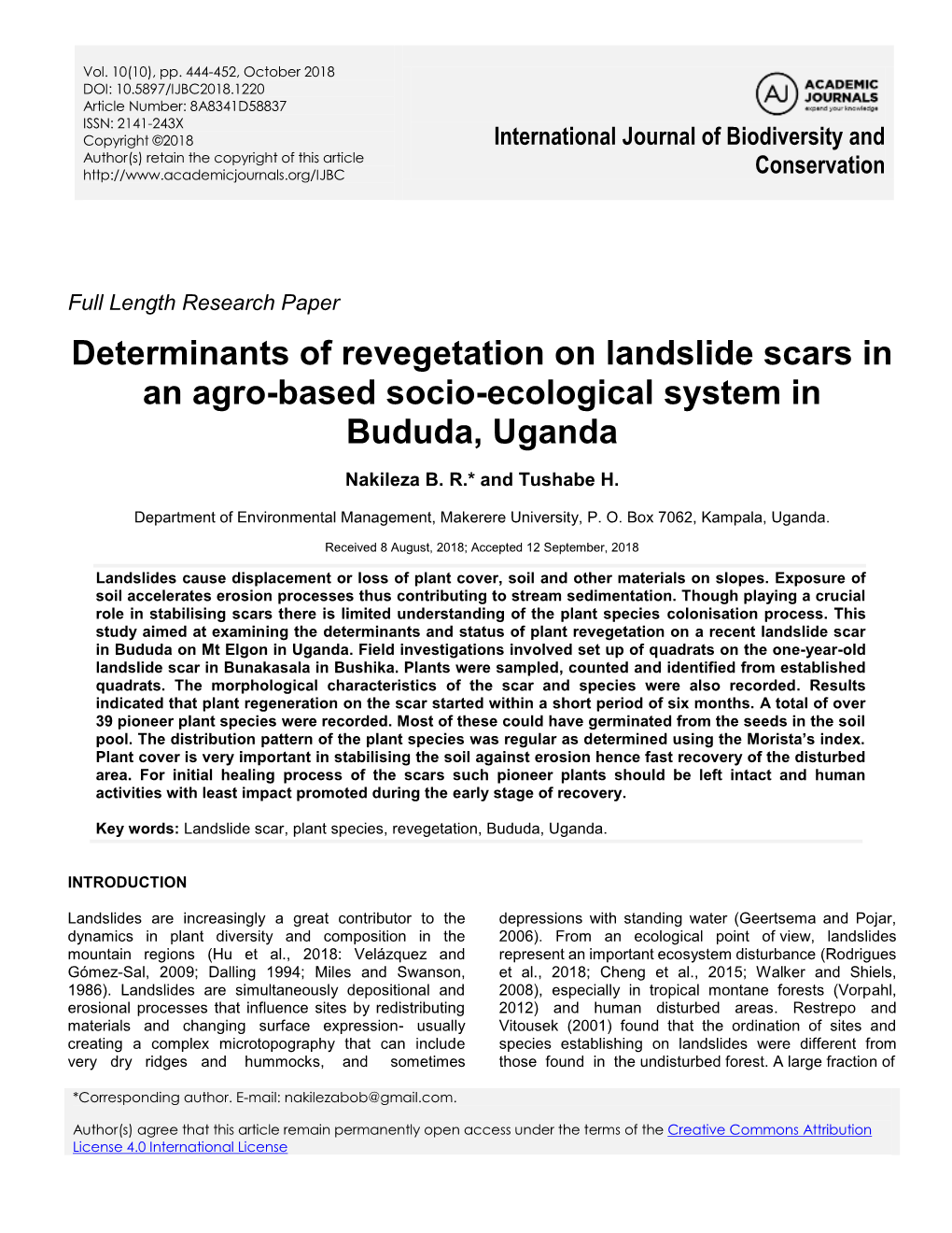 Determinants of Revegetation on Landslide Scars in an Agro-Based Socio-Ecological System in Bududa, Uganda