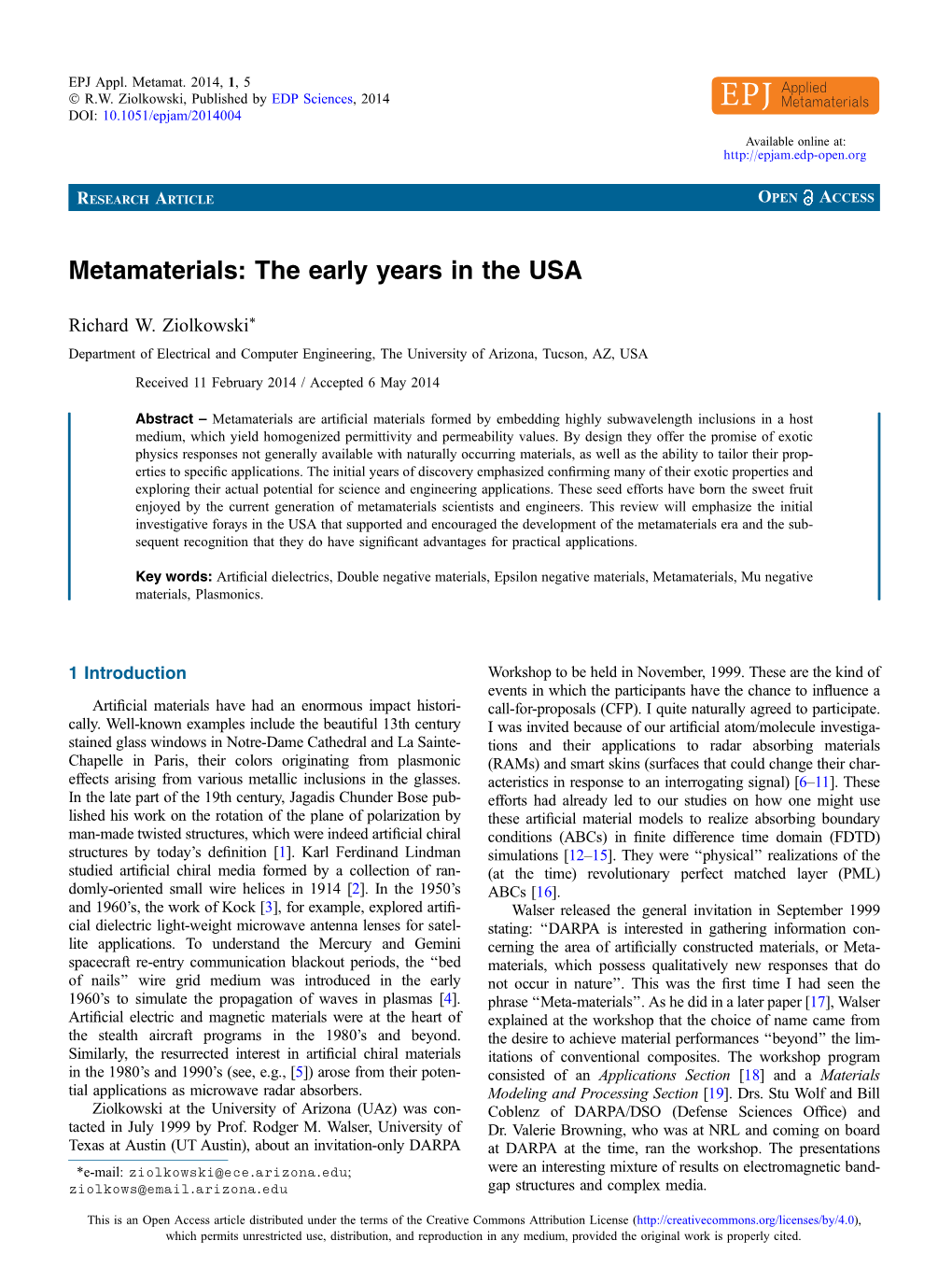 Metamaterials: the Early Years in the USA