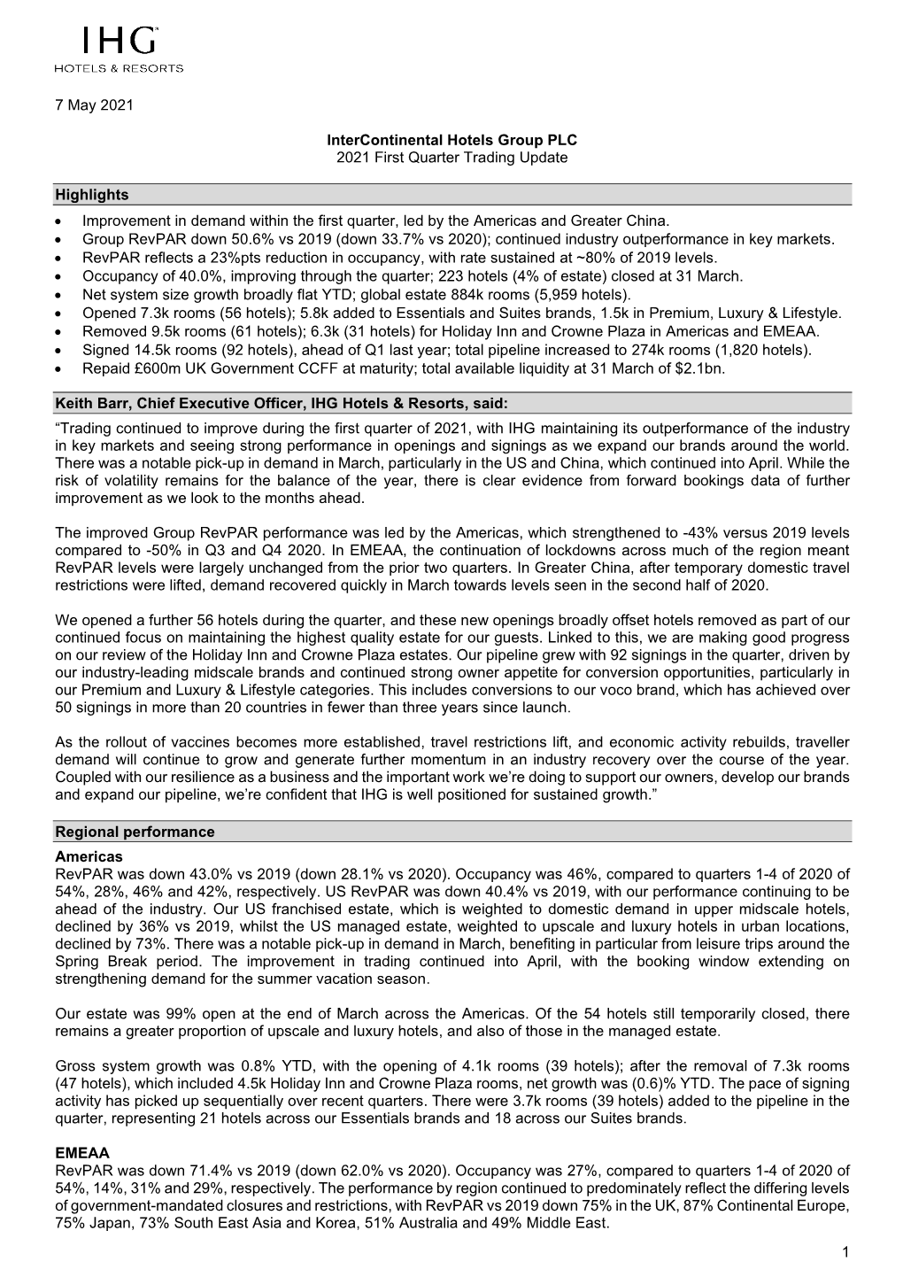 Intercontinental Hotels Group PLC 2021 First Quarter Trading Update