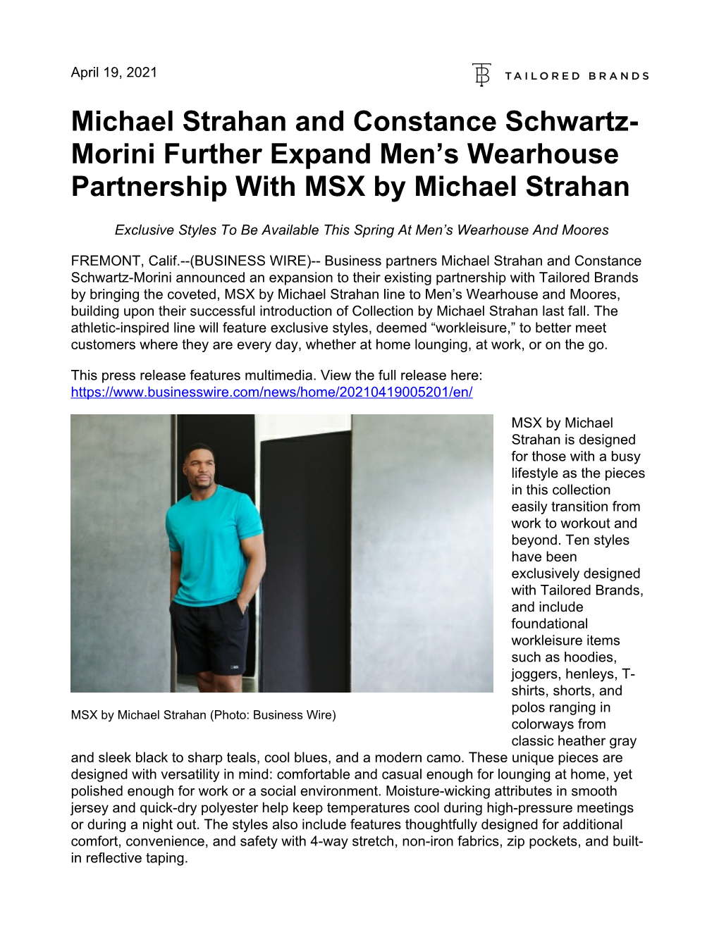 Michael Strahan and Constance Schwartz- Morini Further Expand Men’S Wearhouse Partnership with MSX by Michael Strahan