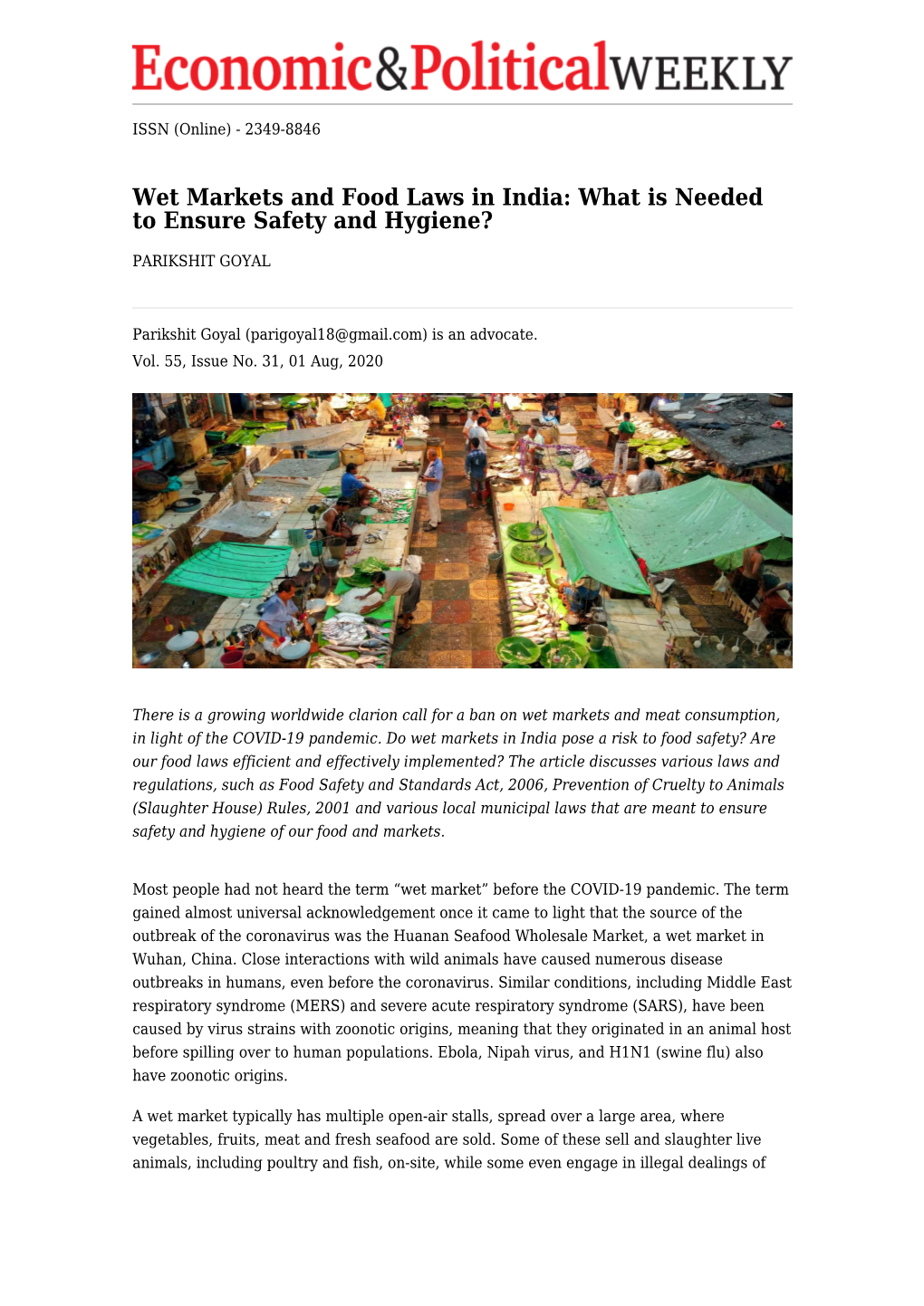 Wet Markets and Food Laws in India: What Is Needed to Ensure Safety and Hygiene?