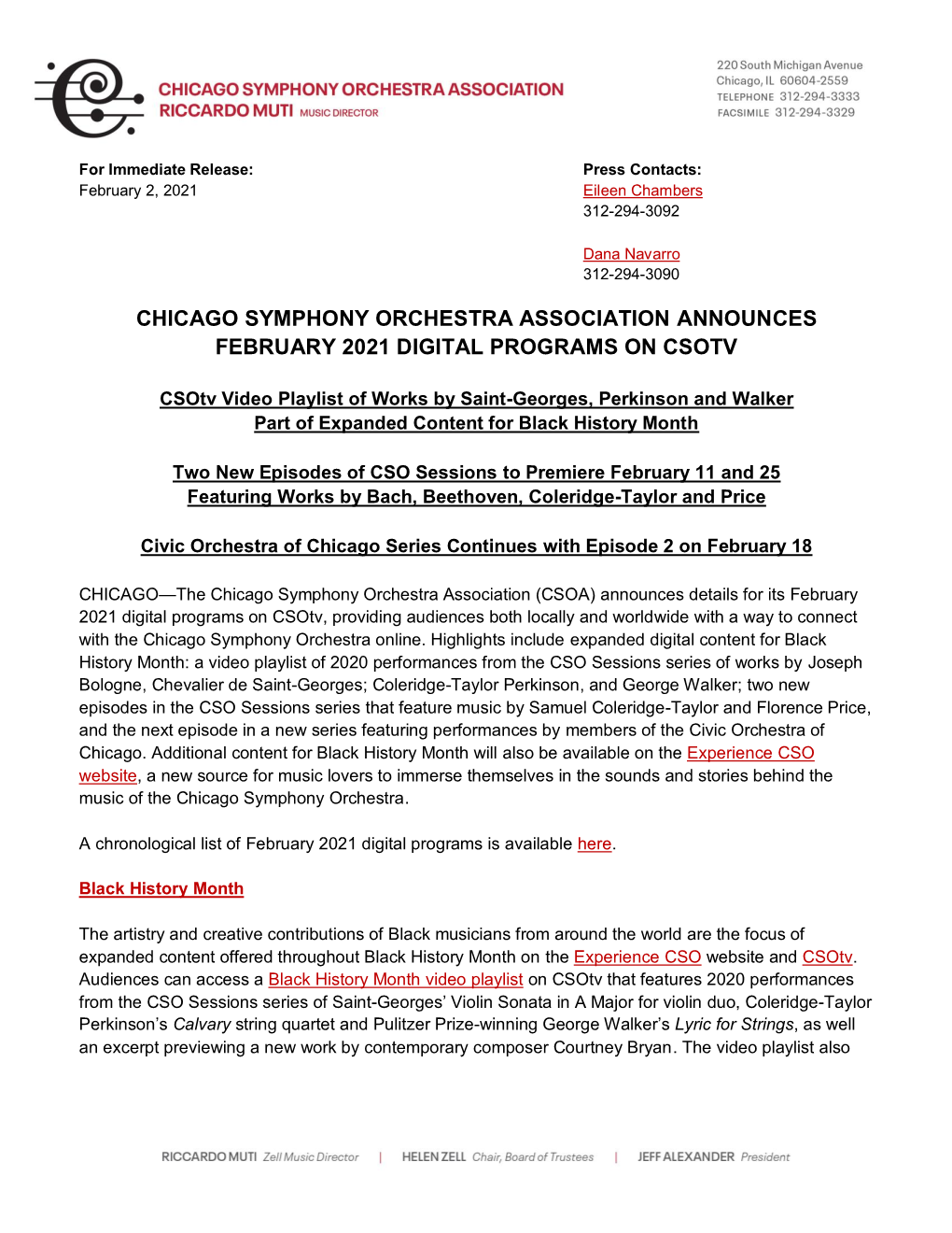 Chicago Symphony Orchestra Association Announces February 2021 Digital Programs on Csotv