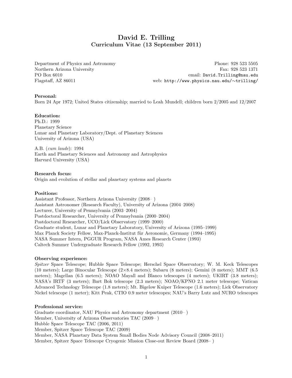 David E. Trilling Curriculum Vitae (13 September 2011)