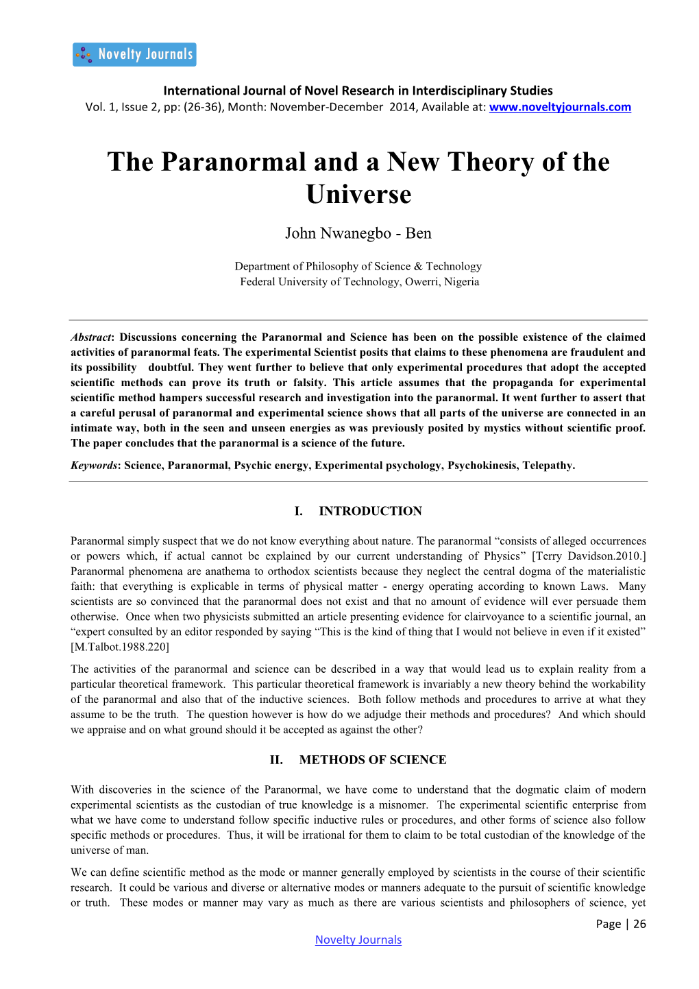 The Paranormal and a New Theory of the Universe John Nwanegbo - Ben