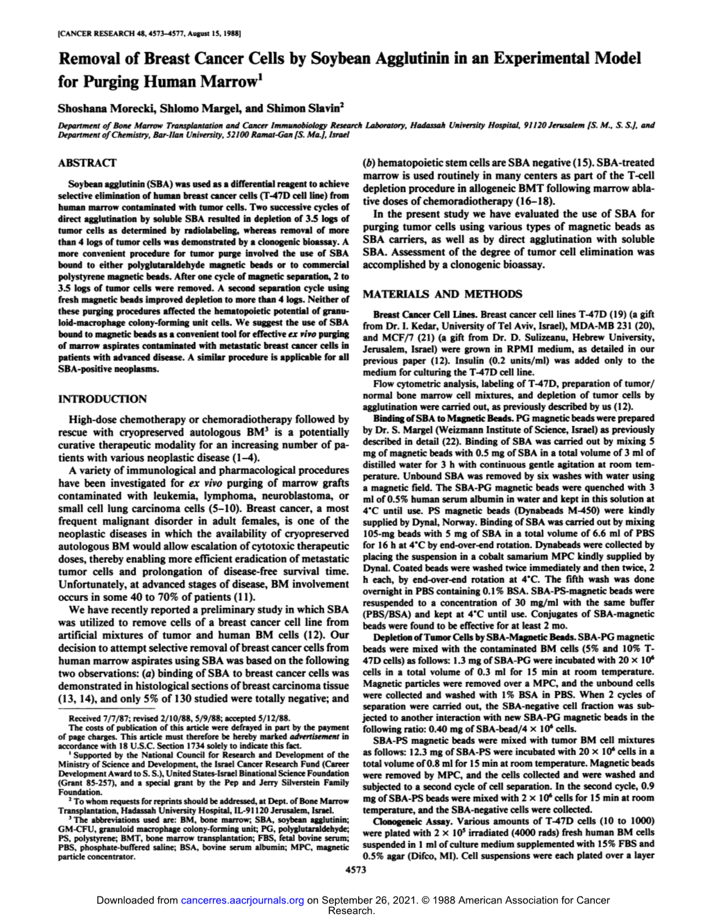 Removal of Breast Cancer Cells by Soybean Agglutinin in an Experimental Model for Purging Human Marrow1