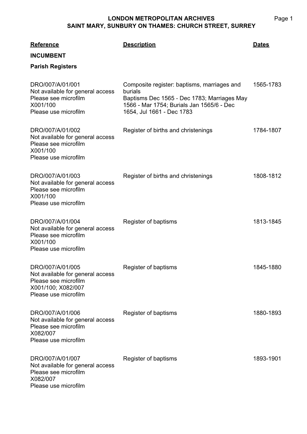 LONDON METROPOLITAN ARCHIVES SAINT MARY, SUNBURY on THAMES: CHURCH STREET, SURREY DRO/007 Page 1 Reference Description Dates