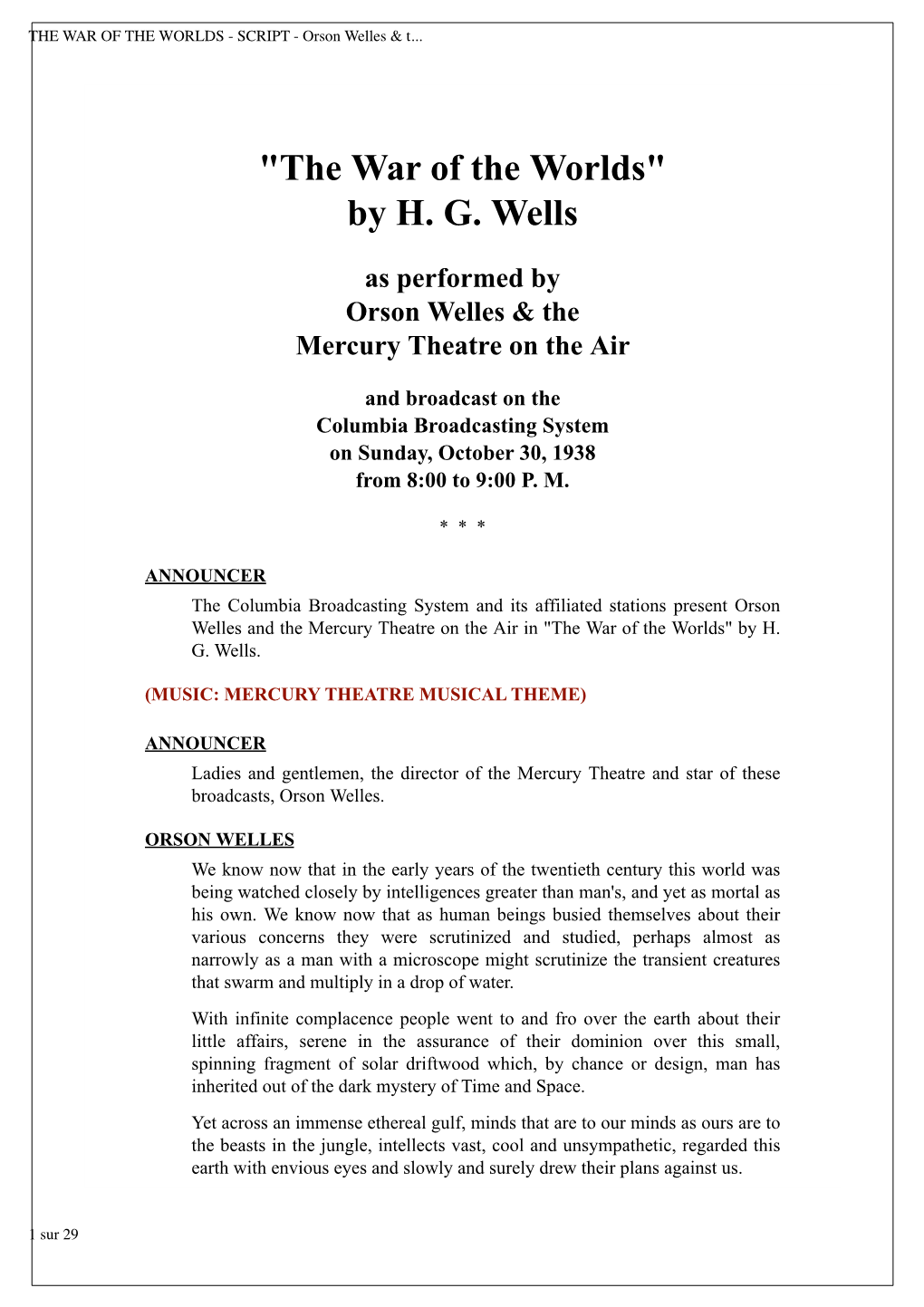 THE WAR of the WORLDS - SCRIPT - Orson Welles & T