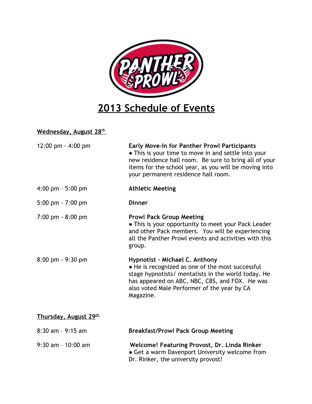 2013 Schedule of Events