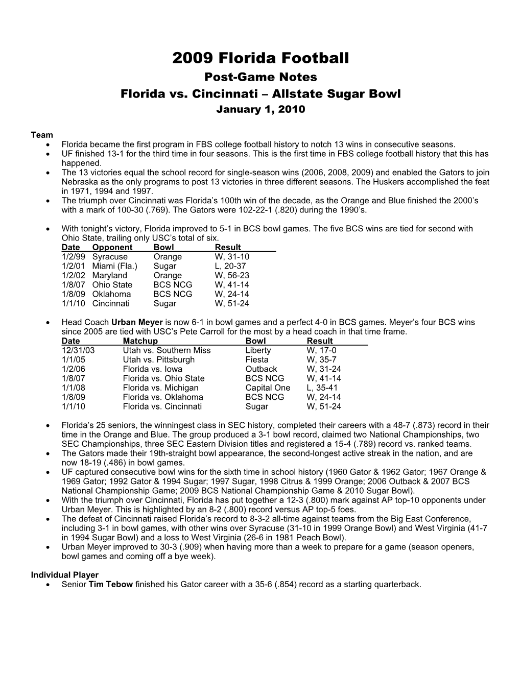 2009 Florida Football Post-Game Notes Florida Vs