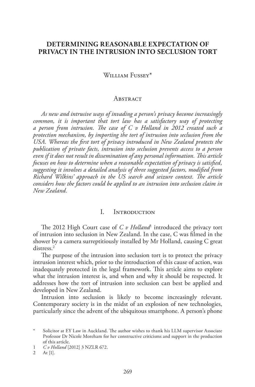 Determining Reasonable Expectation of Privacy in the Intrusion Into Seclusion Tort