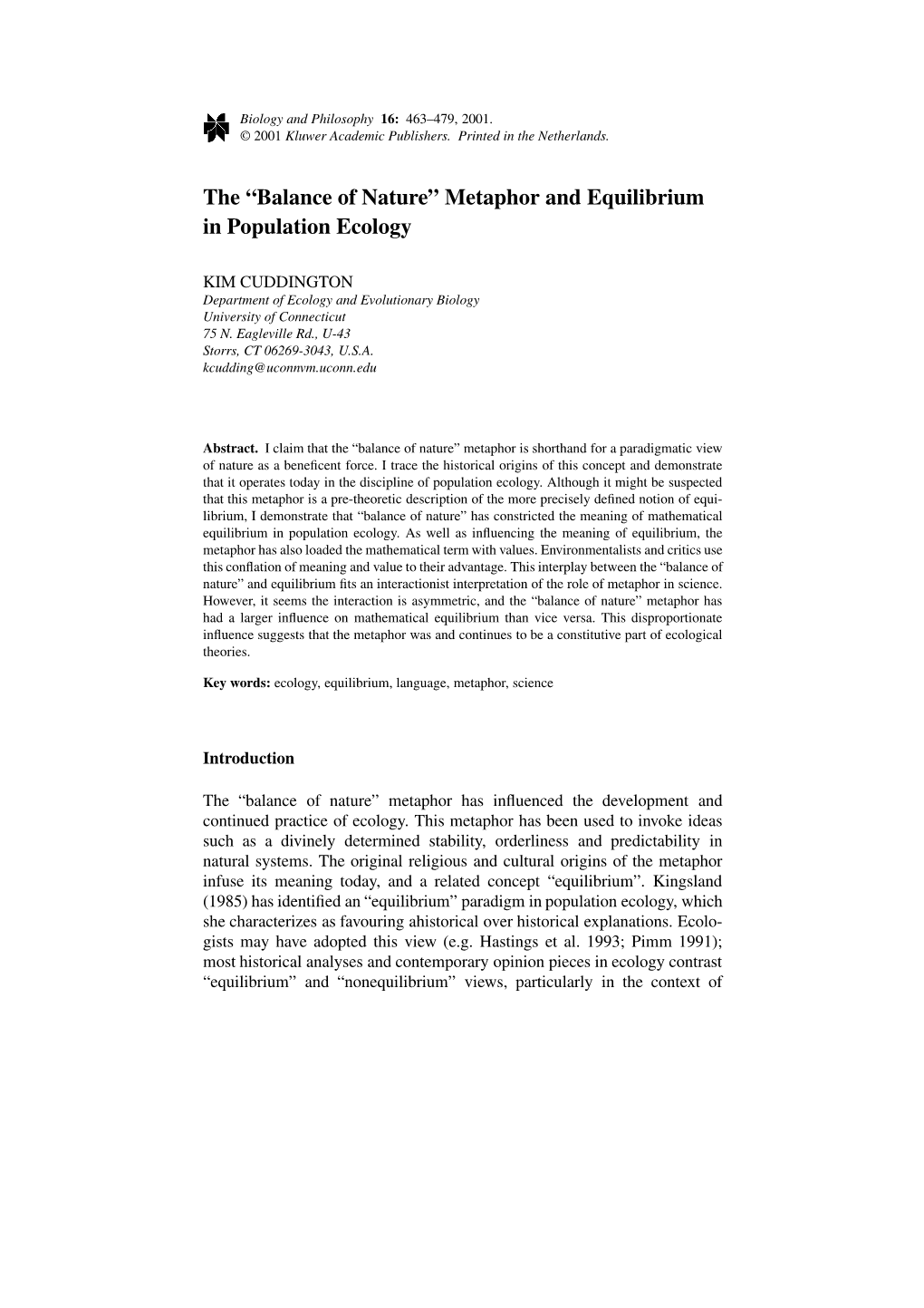 Metaphor and Equilibrium in Population Ecology