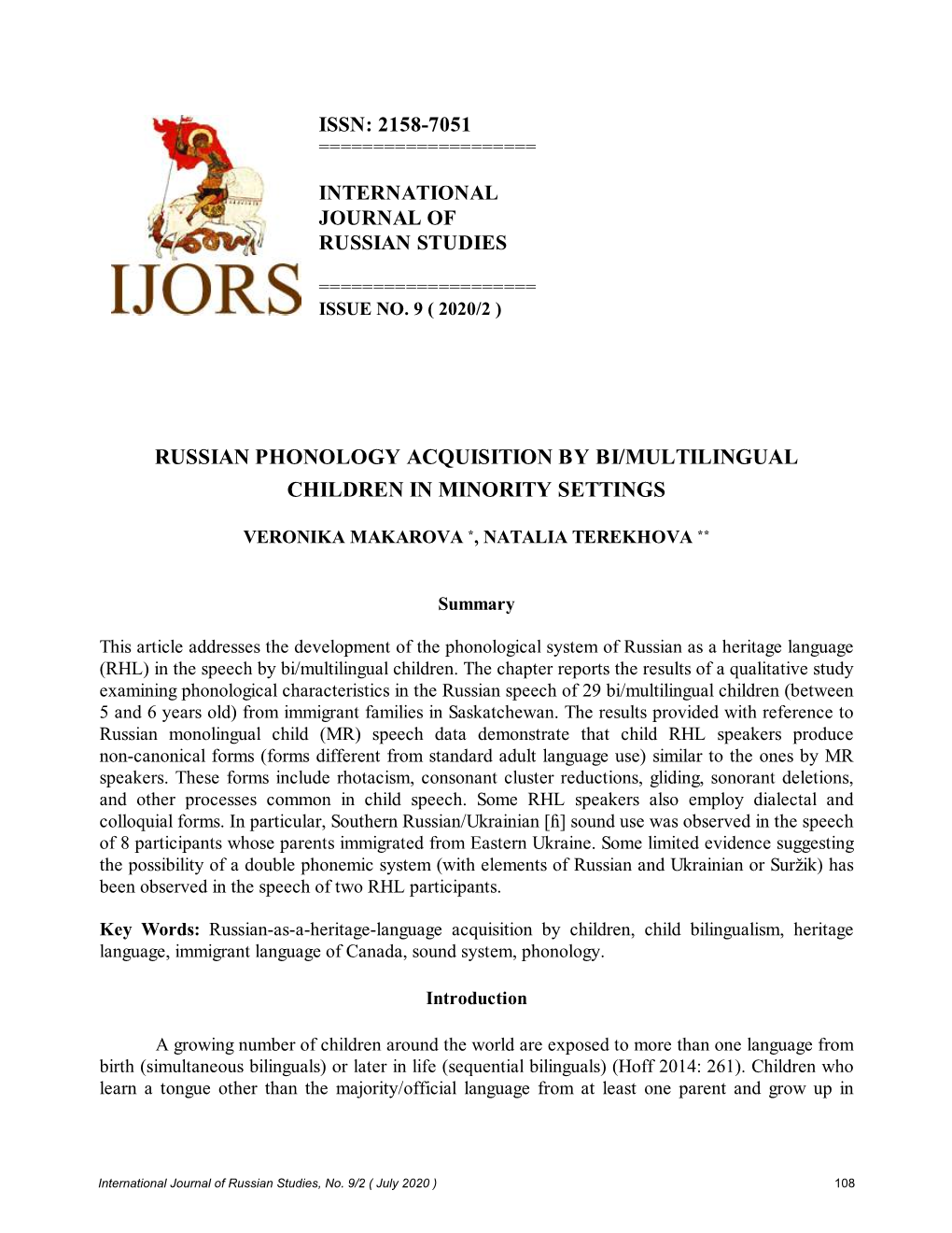 Russian Phonology Acquisition by Bi/Multilingual Children in Minority Settings