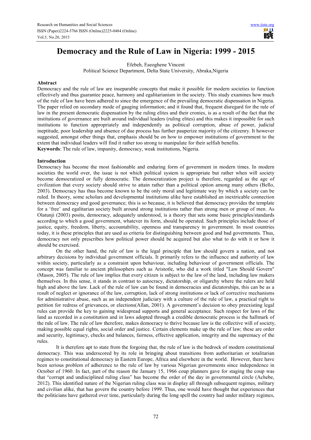 Democracy and the Rule of Law in Nigeria: 1999 - 2015