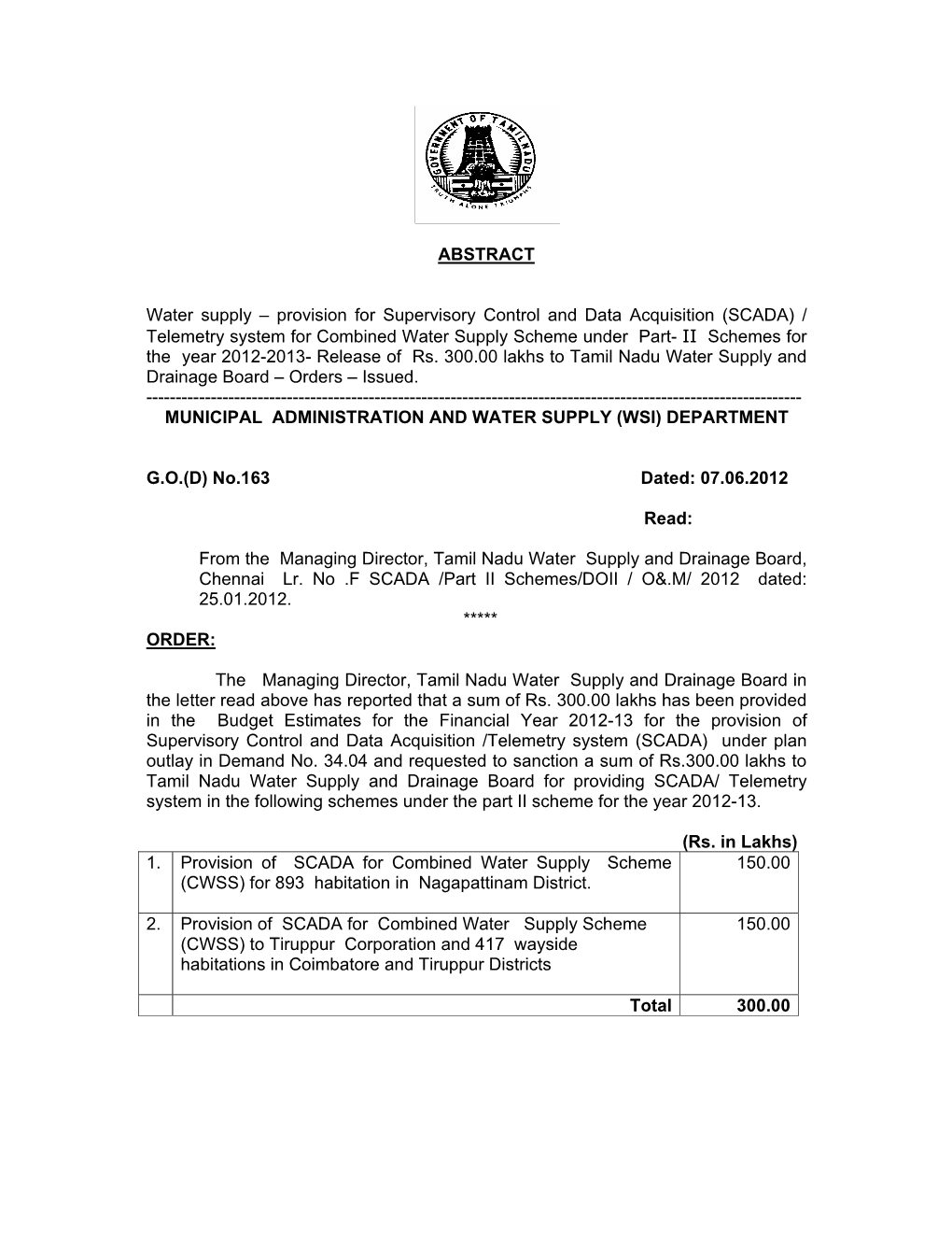 SCADA) / Telemetry System for Combined Water Supply Scheme Under Part- II Schemes for the Year 2012-2013- Release of Rs