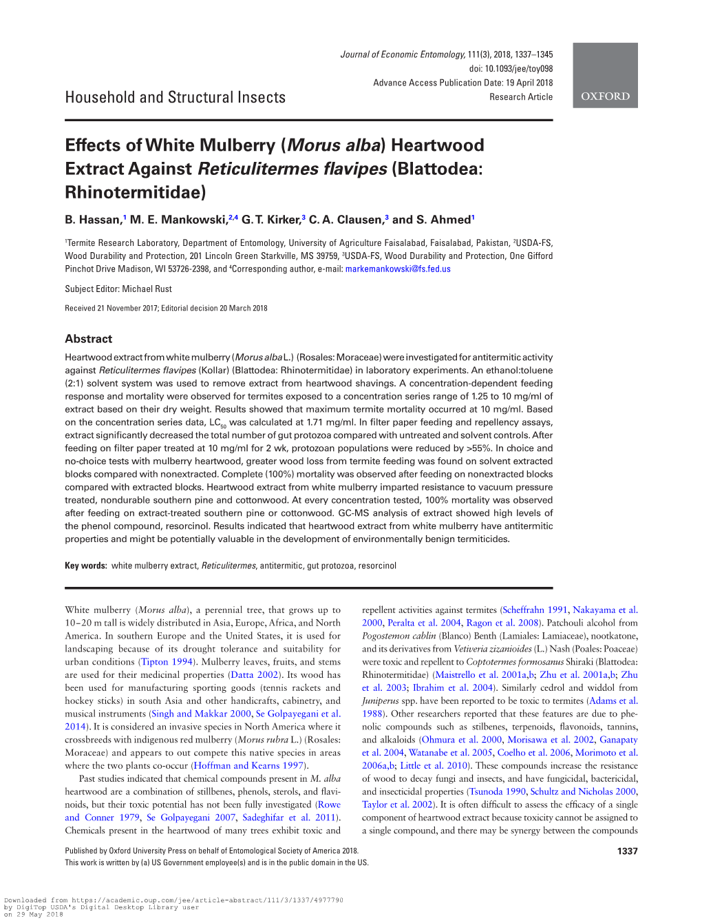 Morus Alba) Heartwood Extract Against Reticulitermes Favipes (Blattodea: Rhinotermitidae)