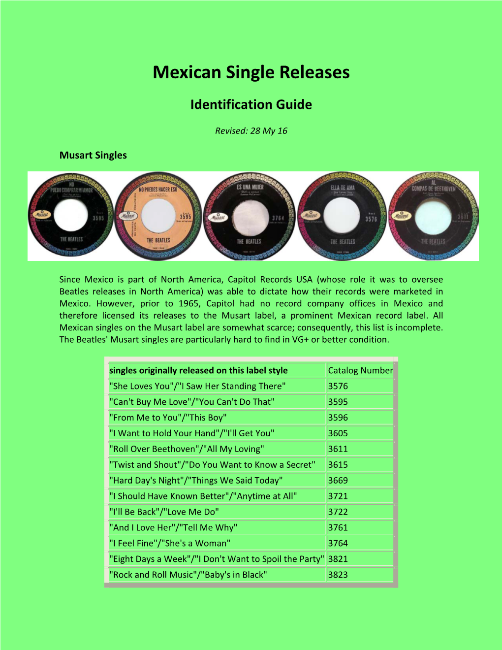 Beatles Mexican Singles, Identification Guide