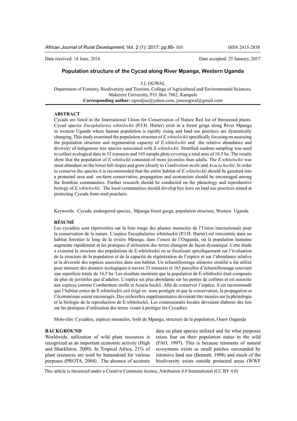 Population Structure of the Cycad Along River Mpanga, Western Uganda BACKGROUND Worldwide, Utilization of Wild Plant Resources I