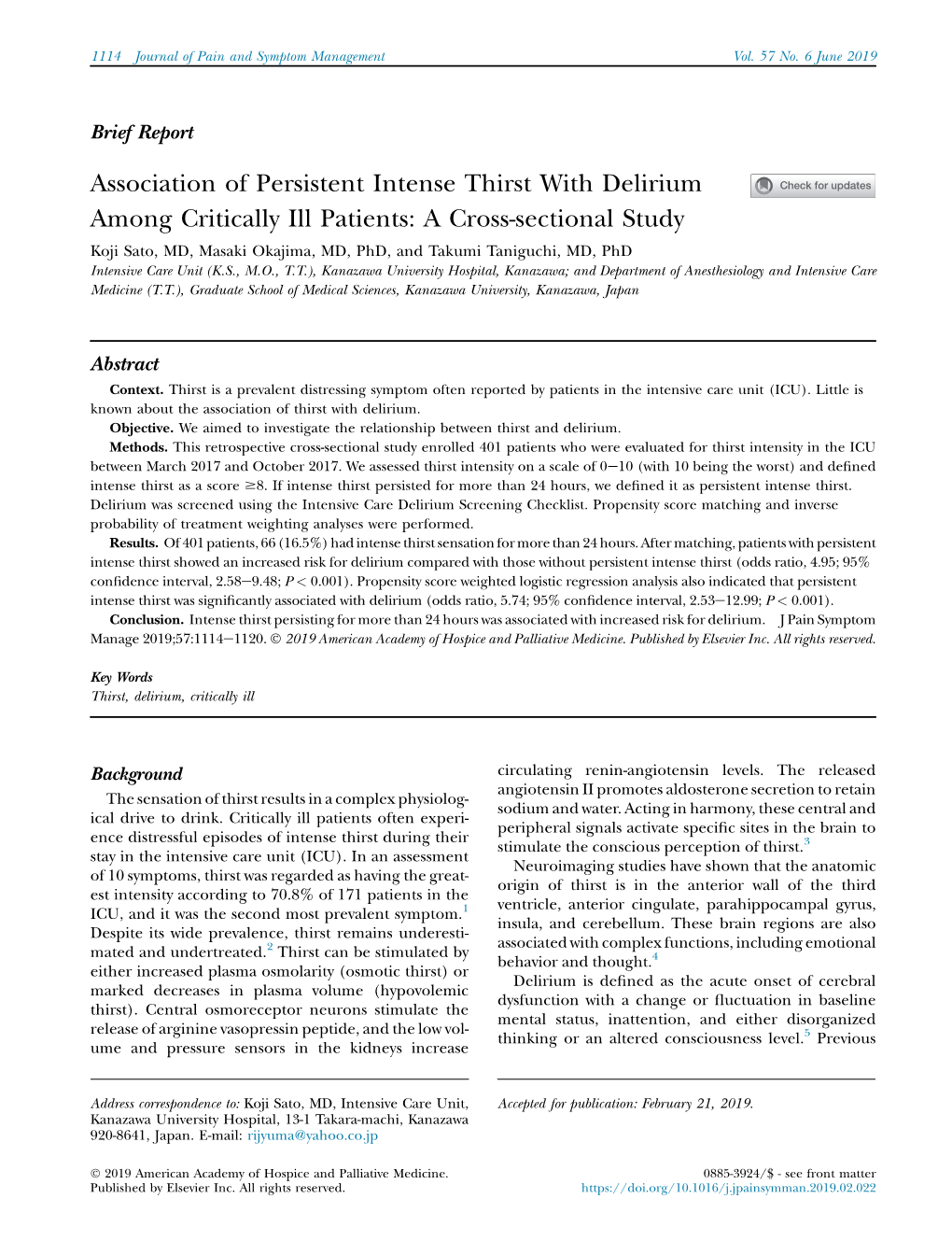 Association of Persistent Intense Thirst with Delirium Among Critically Ill