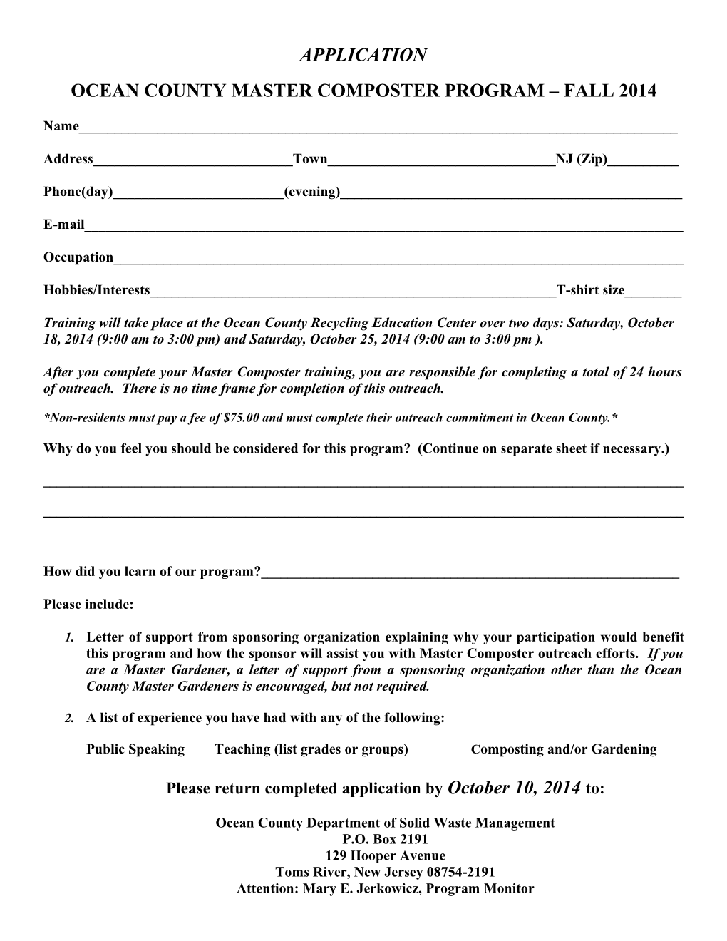 Ocean County Master Composter Program Fall 2014