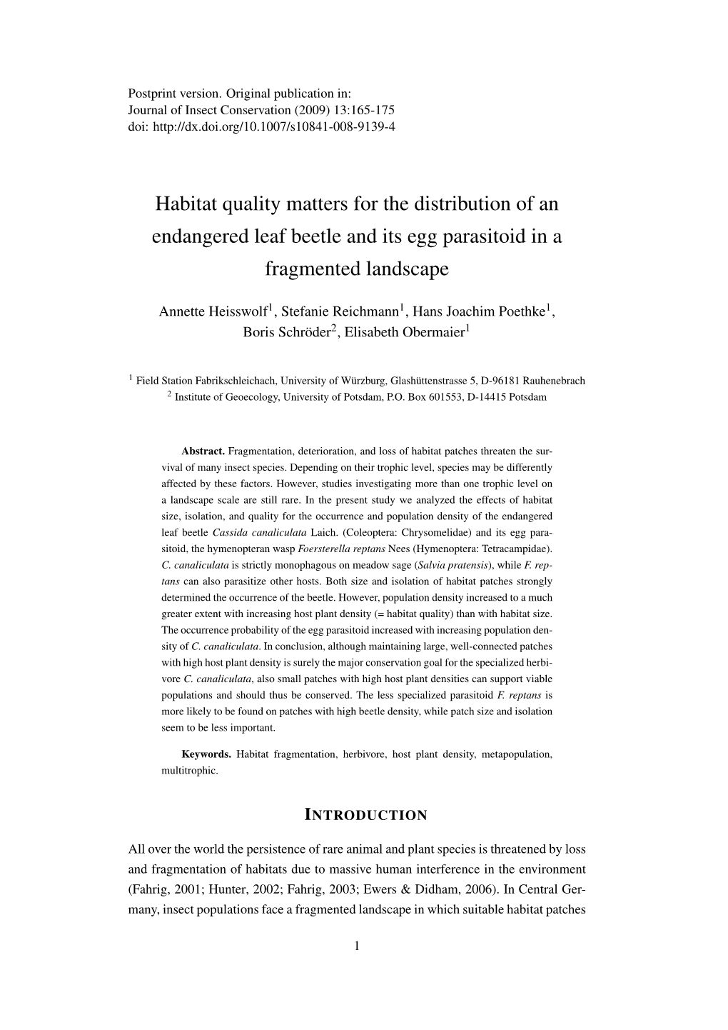 Habitat Quality Matters for the Distribution of an Endangered Leaf Beetle and Its Egg Parasitoid in a Fragmented Landscape