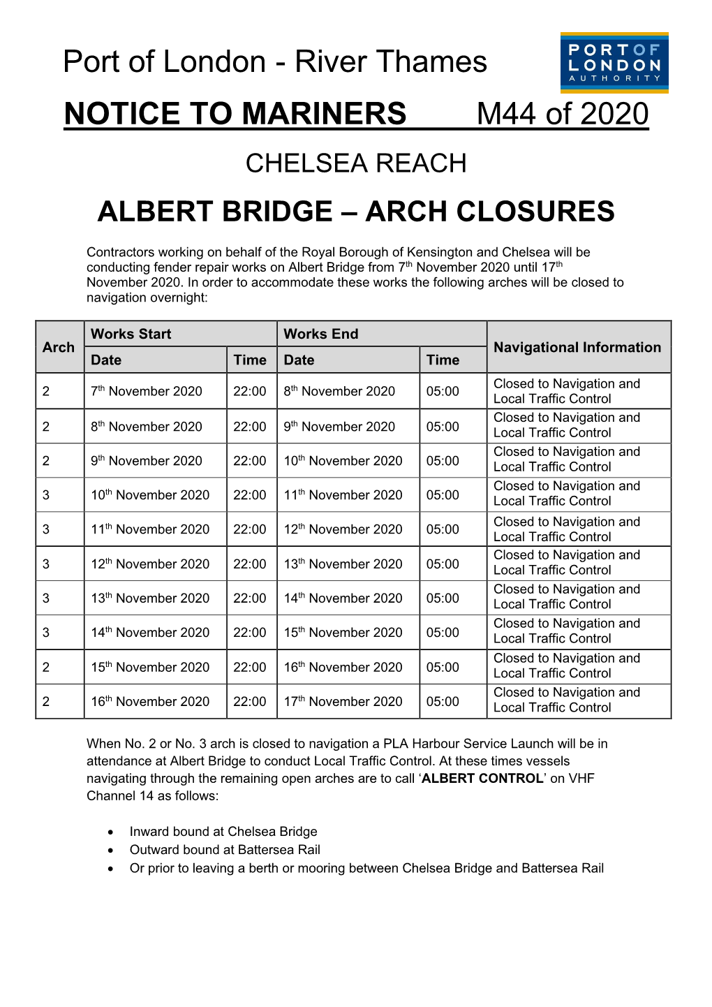 River Thames NOTICE to MARINERS M44 of 2020