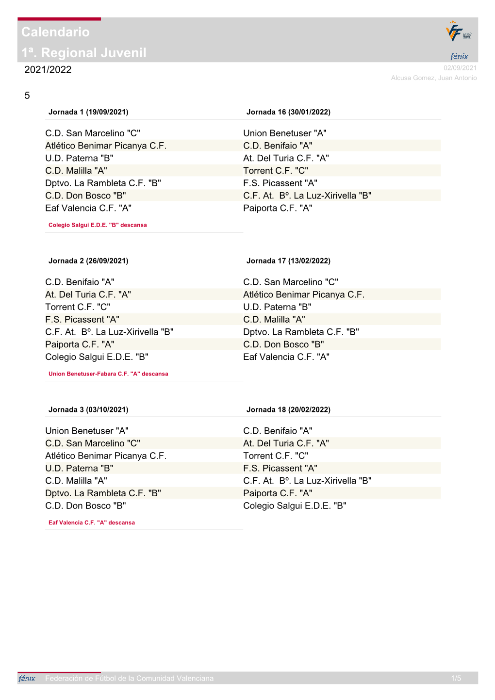 1ª. Regional Juvenil Calendario